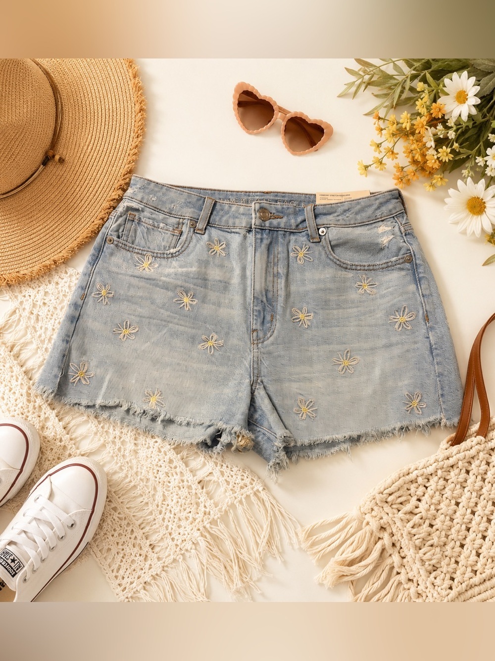 American Eagle Outfitters Light Blue Daisy Embroidered High Rise Jean Shorts 8